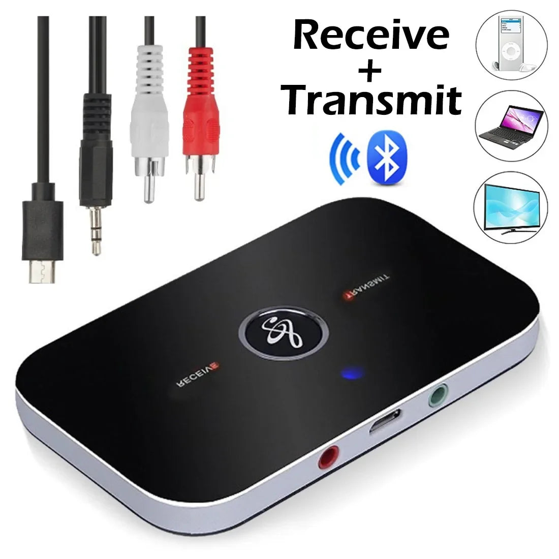 Bluetooth 5.0 Audio Transmitter & Receiver – Wireless RCA, 3.5mm AUX, USB Adapter for Car, PC, TV, Headphones