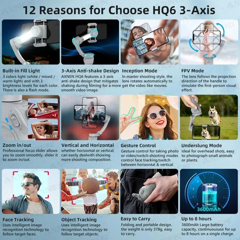 HQ6 3-Axis Gimbal Handheld Stabilizer – With Fill Light, Face Tracking, Anti-Shake for Android & iPhone Video Recording