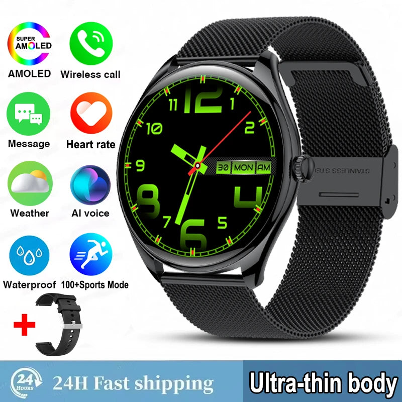 Ultra-Thin AMOLED Smartwatch for Men - 3D Display, Fitness Tracking, Heart Rate, Bluetooth Calls & Waterproof Design