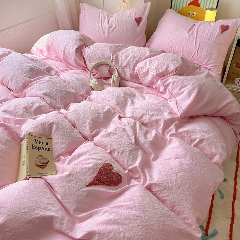 Washed Cotton Bedding Set - Soft Cool Duvet Cover, Bed Sheet & Heart-Shaped Towel Set