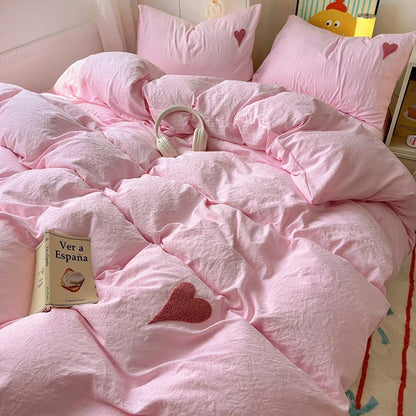 Washed Cotton Bedding Set - Soft Cool Duvet Cover, Bed Sheet & Heart-Shaped Towel Set