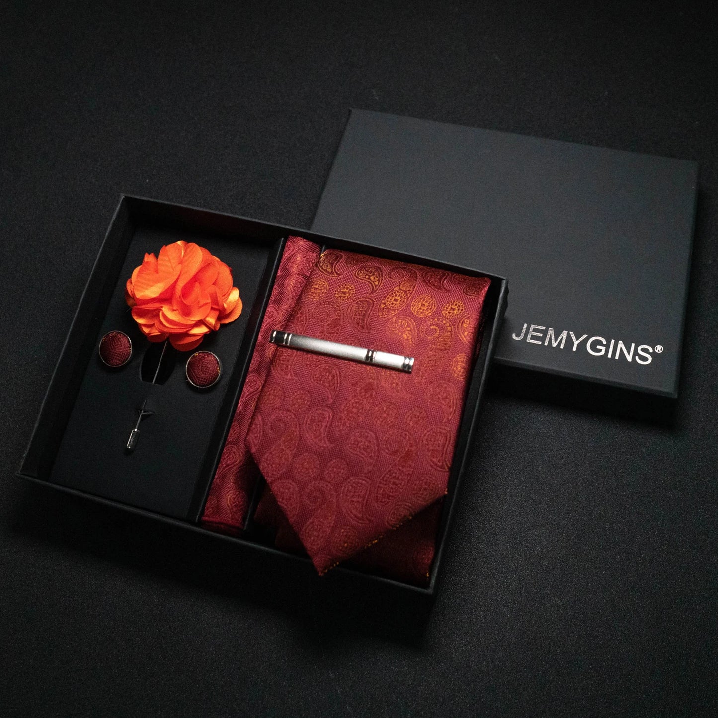 Wine Red Paisley Silk Tie Set for Men - Luxury Wedding Neck Tie with Pocket Square & Cufflinks Gift Box Accessories