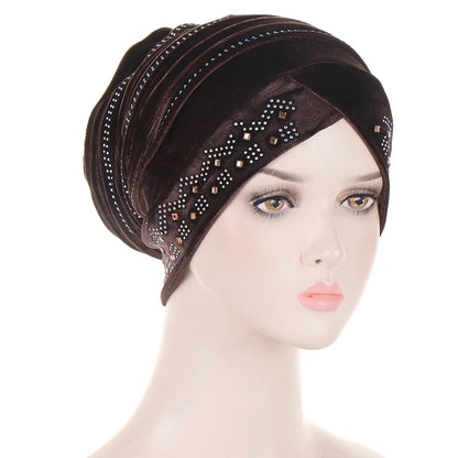Women’s Glitter Diamond Turban Cap - Soft Velvet Pleated Head Wrap Muslim Headscarf Bonnet Beanie Cap