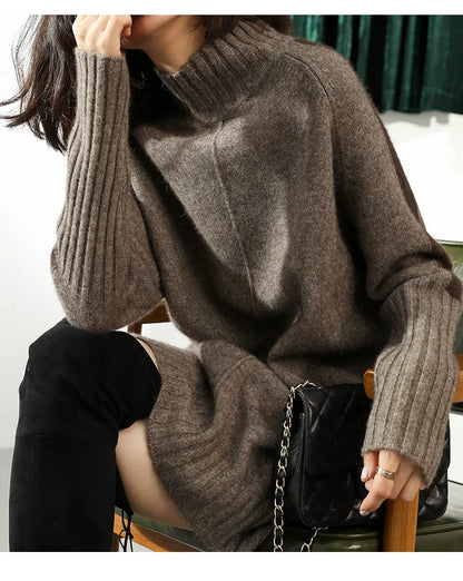 Turtleneck Knitted Sweater for Women – Autumn/Winter Warm Thick Pullovers, Wool Knit Crochet Y2K Split Jumper Cardigan