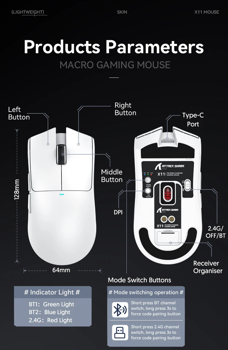 Attack Shark X11 Tri-Mode Wireless Gaming Mouse – 2.4GHz/Wired/Bluetooth PAW3311 22000DPI RGB PC Mouse 400IPS