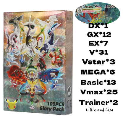 60-100Pcs English Pokemon Cards – Holographic EX, Vstar, Vmax, GX, Charizard, Mewtwo & Evolution Combos