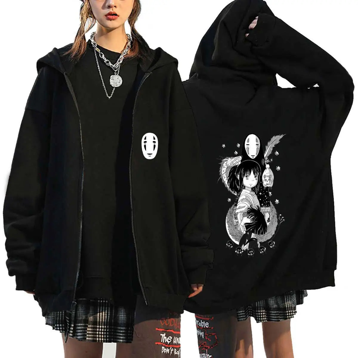 Ghibli No-Face Black Hoodie for Women – Anime Cotton Long Sleeve Streetwear Jacket, Autumn/Winter Cosplay