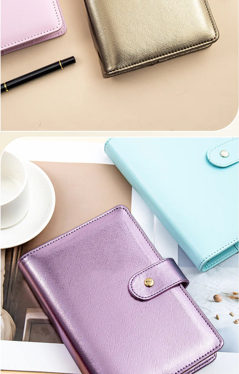 A6 Gold Ring Budget Planner Binder – Gold, Purple & Black with Zipper Cash Envelopes for Money Organization