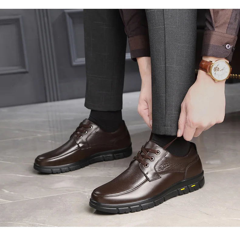 Men's Genuine Leather Casual Shoes - Soft Sole Lace-Up Loafers, Luxury Brand for Middle-Aged & Older Adults, Lightweight Dad Shoes