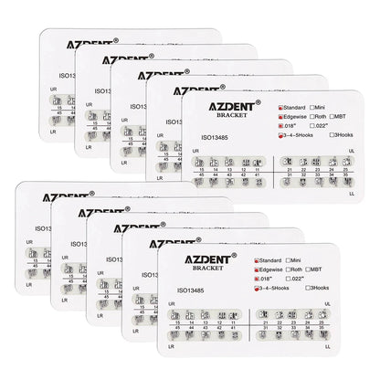 AZDENT 10 Packs Dental Brackets – Orthodontic Metal Mini Standard Roth MBT Slot 0.022/0.018 with Hooks, 20 Pcs per Pack