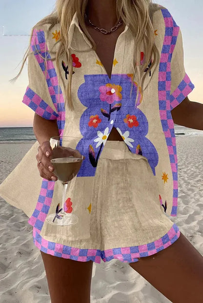 Women’s Summer 2-Piece Set – Lapel Short-Sleeve Shirt & Shorts, Elegant Loose Printed Outfit