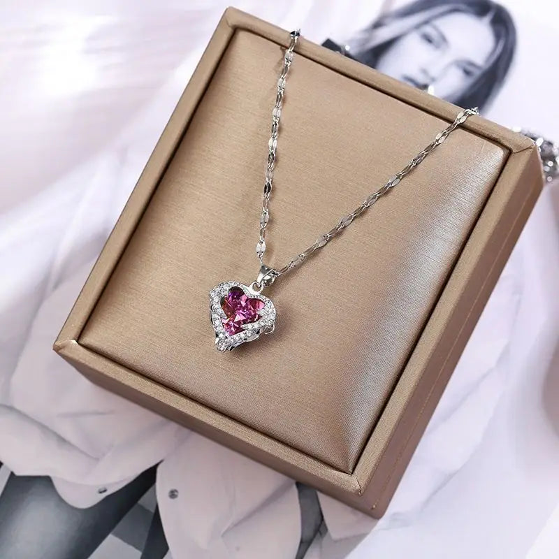 Top Luxury Colorful Crystal Ocean Heart Pendant Necklace – Trendy 316L Stainless Steel Jewelry for Women, Wedding Neck Chain