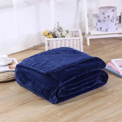 230GSM Coral Fleece Flannel Blanket – Soft Warm Solid Color Bedspread Sofa Throw Faux Fur Plaid Blanket (Blue/Pink)