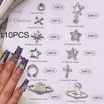 110PC Silver Star Nail Charms – Planet & Cross Alloy Nail Art Decorations