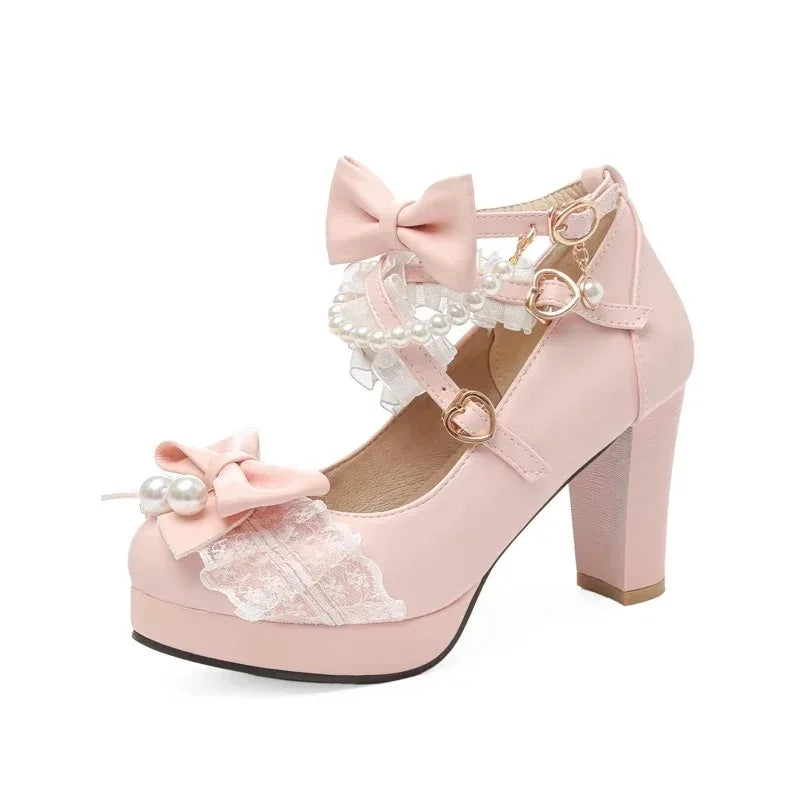 Women’s Cross Strap Mary Jane High Heels – Party, Wedding, Cosplay Lolita Pumps in White, Pink, Black, Strawberry Bow 2025
