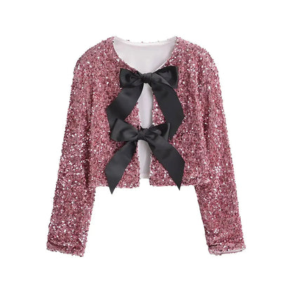 TRAF Women's Sequin Cropped Jacket – Long Sleeve O-Neck Coat with Bow Tie, Chic Outerwear Top