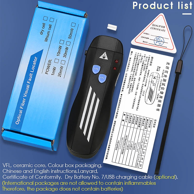 Rechargeable VFL Fiber Optic Cable Tester | Visual Fault Locator | Optional Power Levels (1/15/30/50mW) | Compatible with SC/FC/ST Connectors