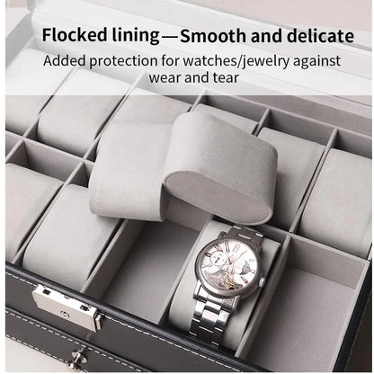 2024 12-Slot Leather Watch Storage Box — Lockable 2-Tier Organizer & Jewelry Display Drawer for Men & Women