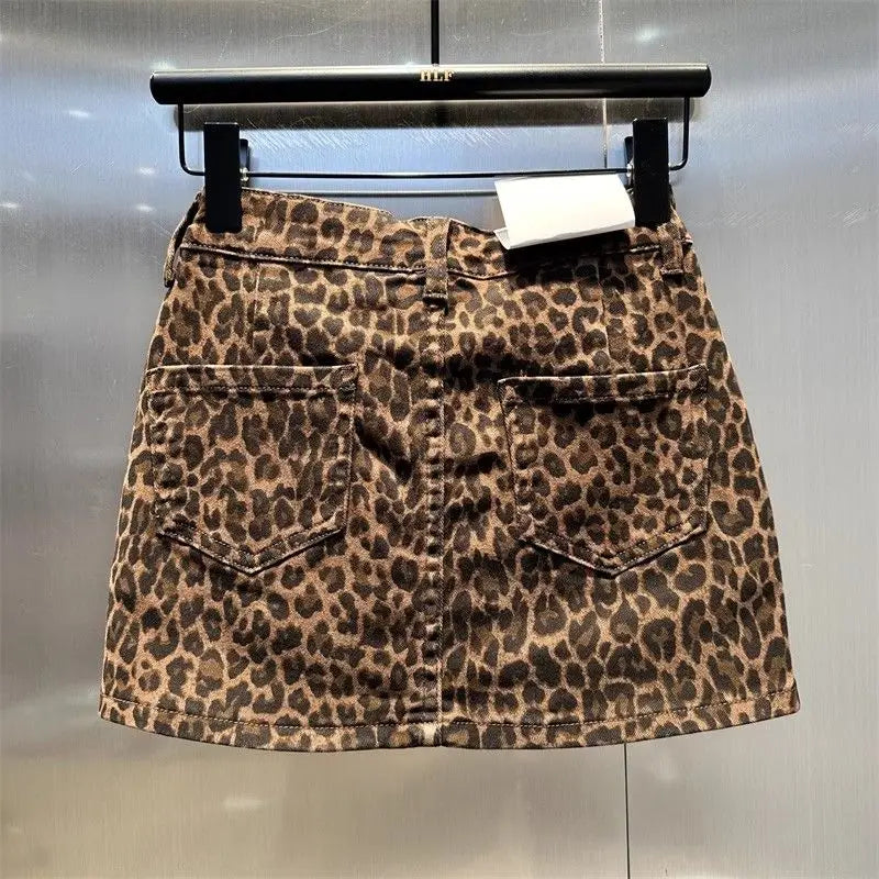 Women’s Elastic Brown Leopard Print Denim Mini Skirt – Trendy Hip Skirt