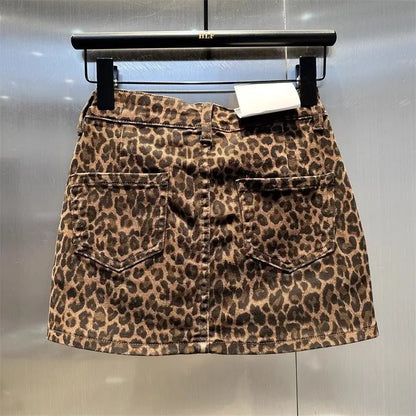 Women’s Elastic Brown Leopard Print Denim Mini Skirt – Trendy Hip Skirt