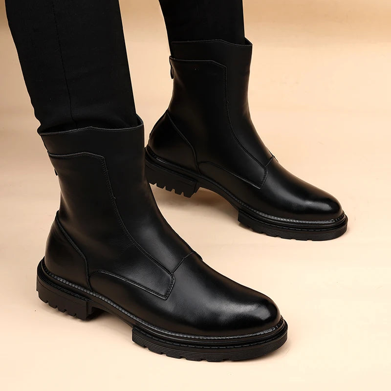 Men’s Genuine Leather Chelsea Boots - British Style Platform Cowboy Motorcycle Shoes