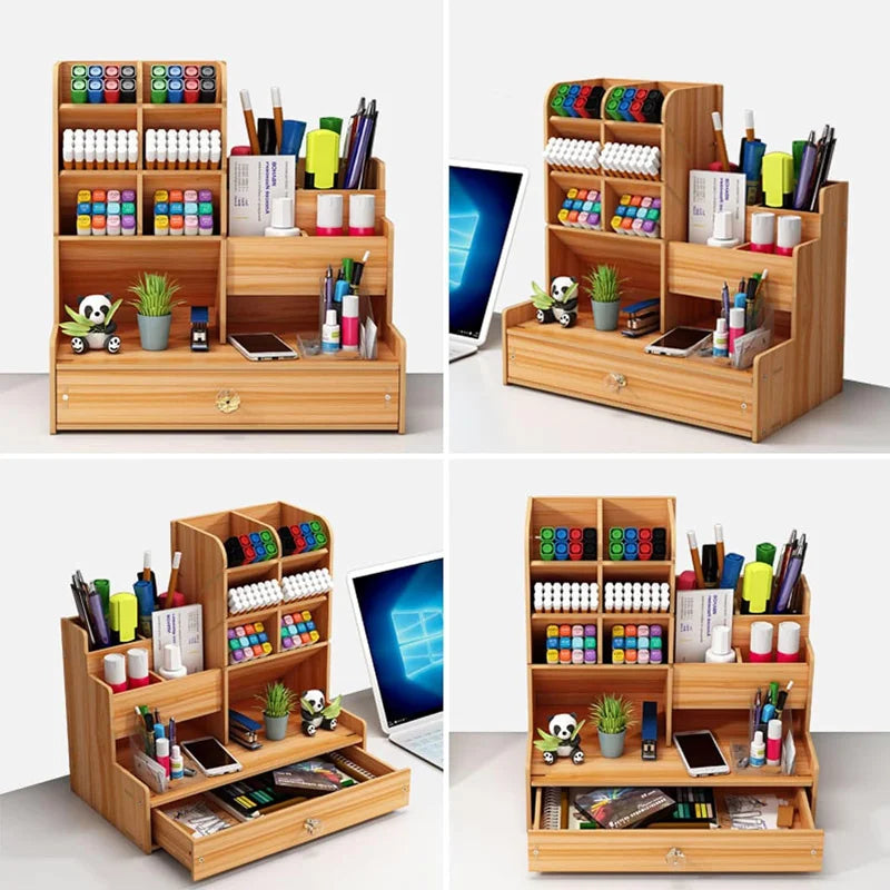 Wooden Desk Organizer – Large Capacity DIY Desktop Pen Holder with Drawer for Home, Office, and School Stationery Storage