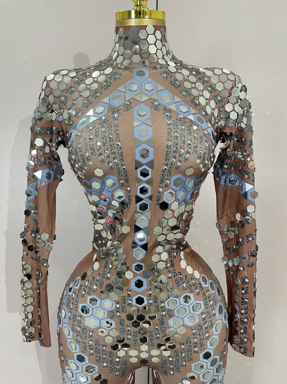 Sexy Shiny Silver Sequin & Black Spandex Jumpsuit — 2025 Women’s Prom, Dancer & Stage Performance Costume