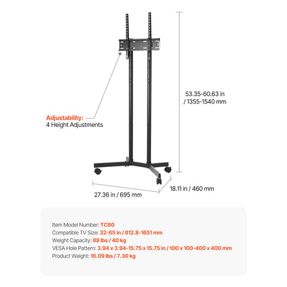 SucceBuy Mobile Rolling TV Stand Cart with Wheels for Multiple TV Sizes – Portable Adjustable TV Mount for Living Room, Bedroom & Office