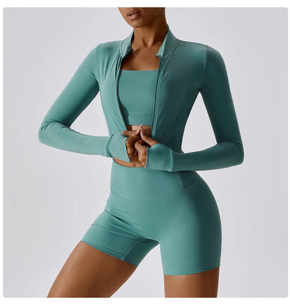 3PCS Women’s Yoga & Workout Set – Long Sleeve Zipper Top with High Waist Leggings Fitness Sportswear