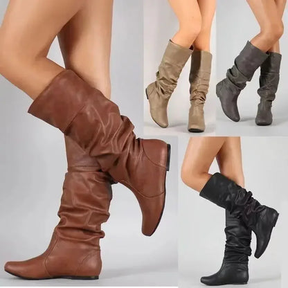 Women’s Mid-Calf Cowboy Boots – Flat Western Style Faux Leather Spring Autumn Shoes 35–43