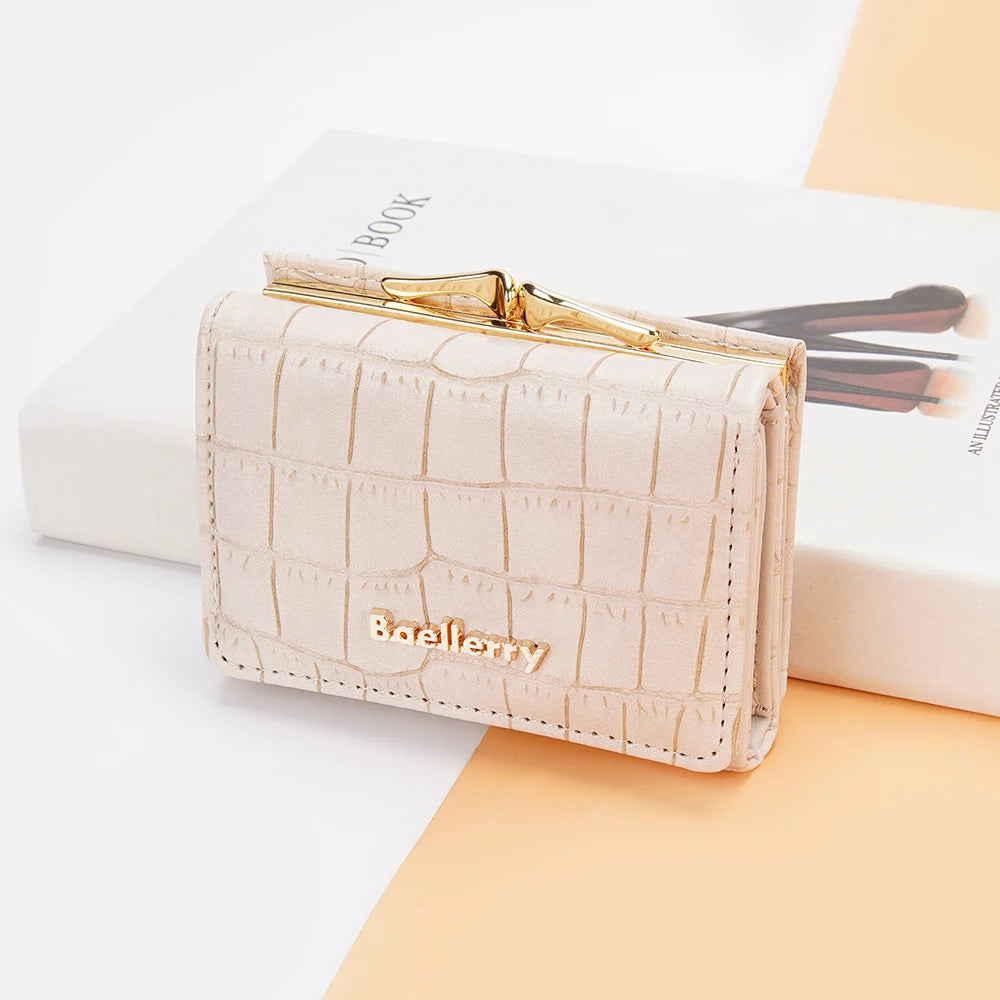 Baellerry Short Women’s Wallet — Crocodile Pattern Coin & Card Holder with Photo Slots, Hasp Purse for Girls