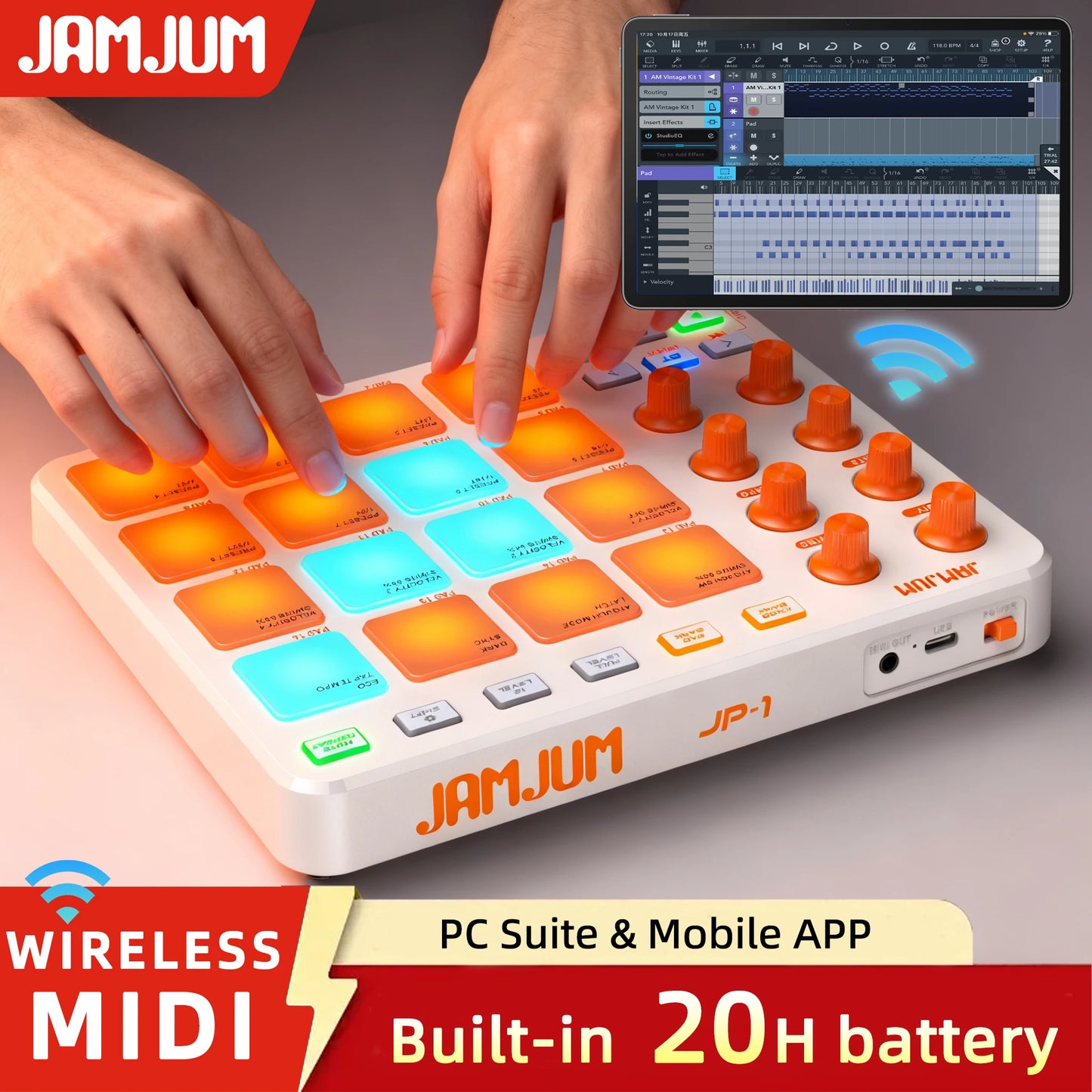 JAMJUM JP-1 MIDI Controller - Wireless 16-Pad RGB Backlit USB-C Portable MIDI Pad for Music Production