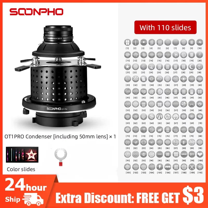 Soonpho OT1 PRO Bowens Mount Optical Snoot – 50mm/85mm/150mm Lenses for Graphic Art Effects, Godox Lighting Flash