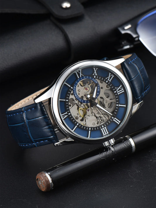 LONGLUX Rome Automatic Mechanical Waterproof Men’s Watch – Hollow Dial Leather Wristwatch Gift