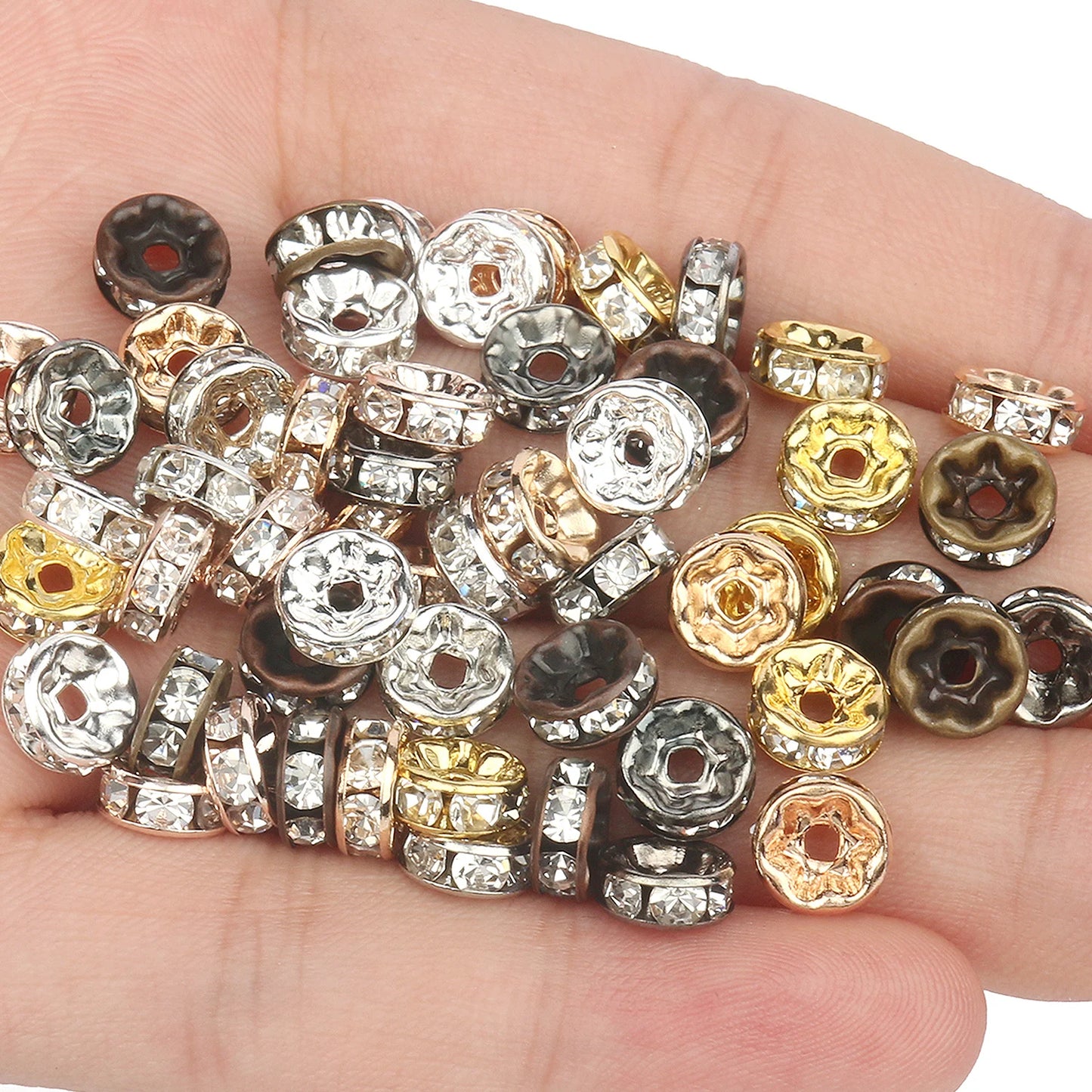 50PCS Rhinestone Spacer Beads Set – Multi-Color Crystal Rondelle Metal Beads for DIY Jewelry & Bracelet Making