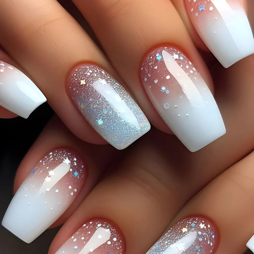 24pcs Blue Golden Stripe Press-On Nails Shiny Powder Long Square Full Cover False Nail Tips Wearable Love Design