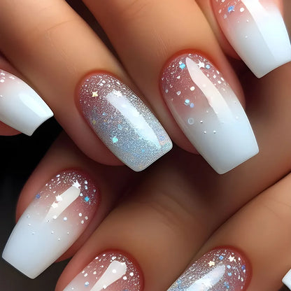 24pcs Blue Golden Stripe Press-On Nails Shiny Powder Long Square Full Cover False Nail Tips Wearable Love Design