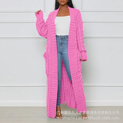 Open Front Cable Knit Longline Cardigan for Women – Long Sleeve, Loose Fit, Casual Fashion Knitwear, Solid Color
