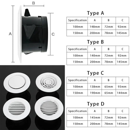 White Air Vent Extract Valve Grille – 100/150mm Round Ventilation Cover in 4 Shapes for Air Circulation