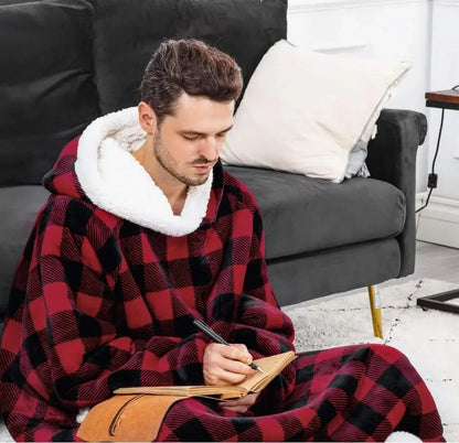 2024 Oversized Flannel Blanket Hoodie – Super Long Fleece Pullover with Sleeves for Winter
