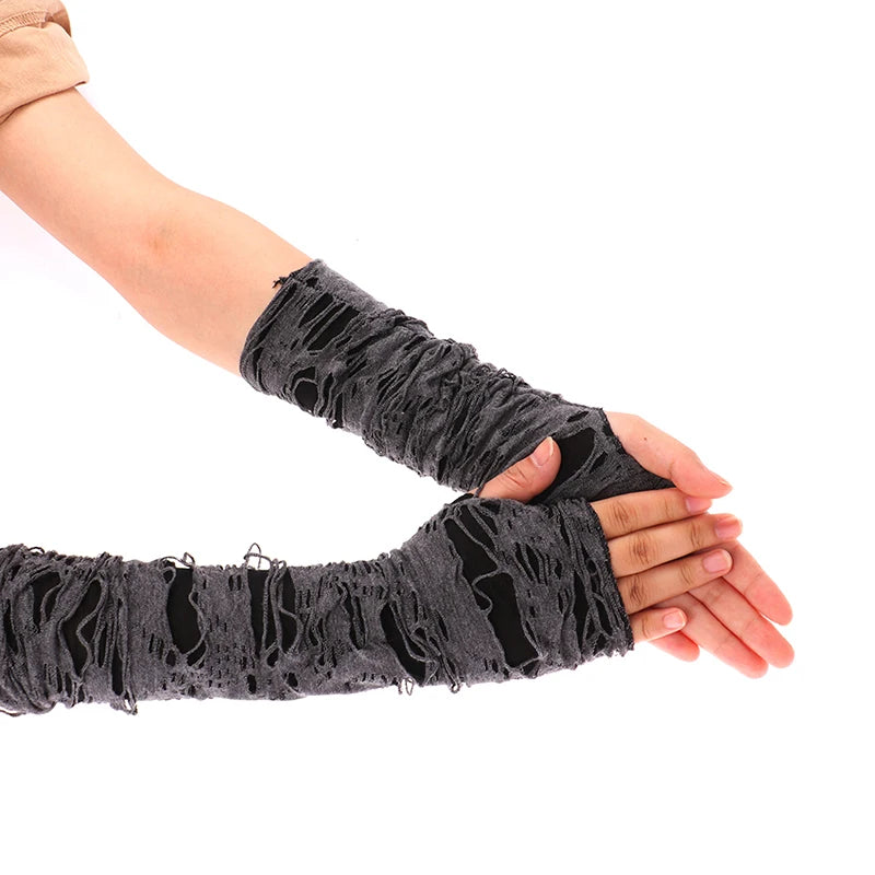 Sexy Gothic Fingerless Gloves – Ripped Broken Slit Halloween Cosplay Gloves with Holes Design for Adults Costume Wear