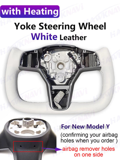 Hawknavi 350mm Yoke Steering Wheel – Leather Racing Style for Tesla Model 3 & Model Y, Heated Optional, White & Black