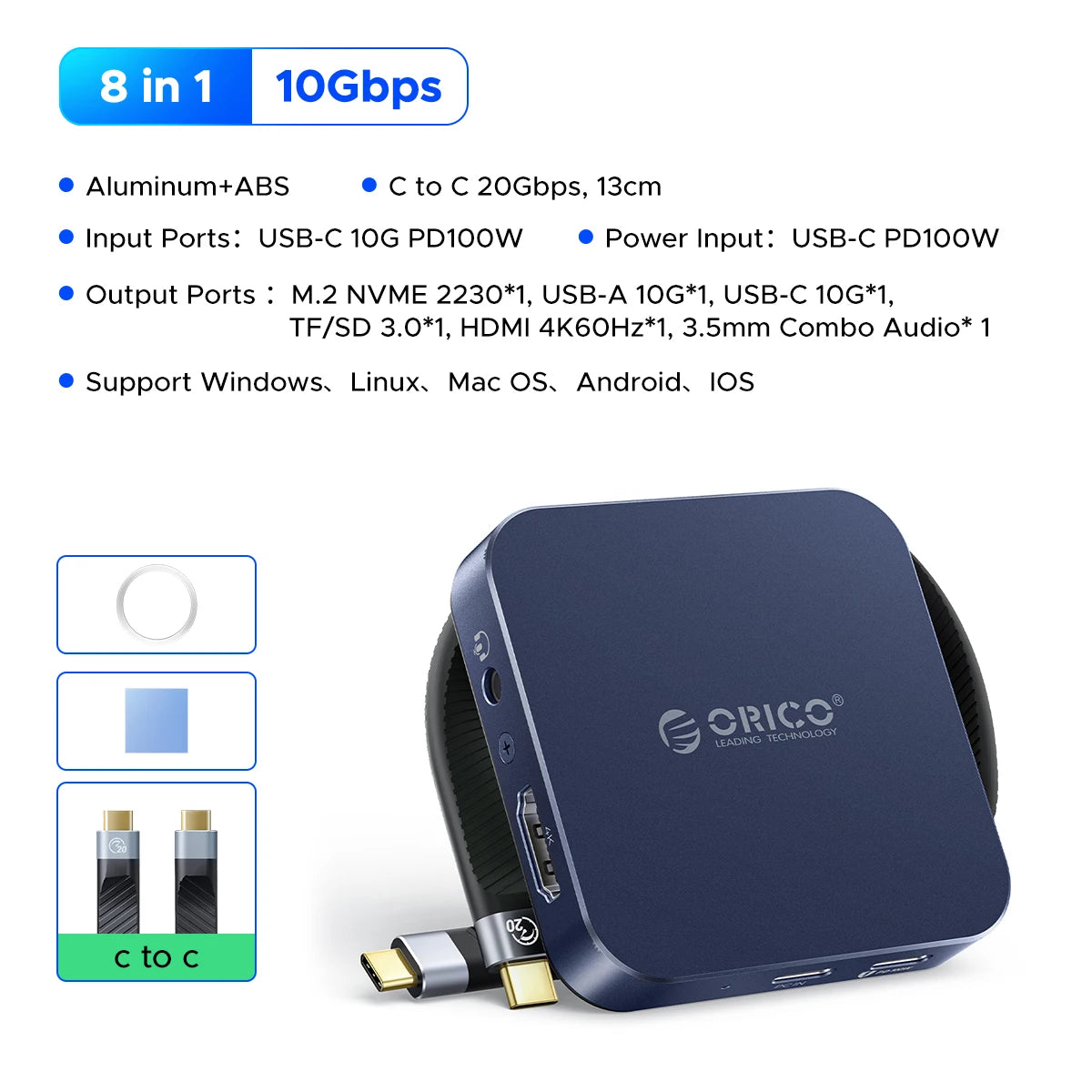 ORICO 10Gbps M.2 2230 NVMe SSD Enclosure – USB-C 4K60Hz Dock with SD/TF Reader & 100W PD Charging Station for iPhone