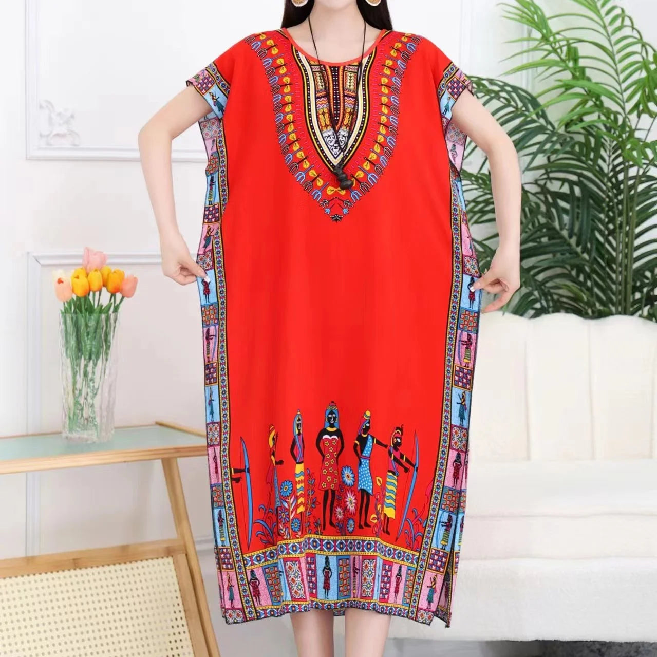 Women’s Bohemian Floral Tunic Dress - Retro Ethnic Print Batwing Sleeve Loose Summer Maternity Streetwear