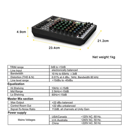 TKLBLS Professional 6 Channel Audio Mixer – 99 DSP Effects, 48V Phantom Power, USB, Bluetooth DJ Console for Studio & Karaoke