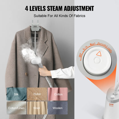 VEVOR Standing Garment Steamer with Foldable Hanger - 0.5 Gallon Tank for 90-Minute Continuous Home Steam Cleaning