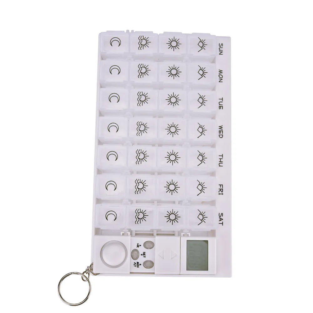 Portable 28-Grid Pill Box Organizer: Weekly 7-Day Smart Alarms Medicine Case with Reminder Timer - Plastic Holder for Pills