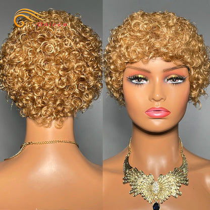 99J Short Curly Human Hair Wig - Full Machine-Made Kinky Curly Wig for Women