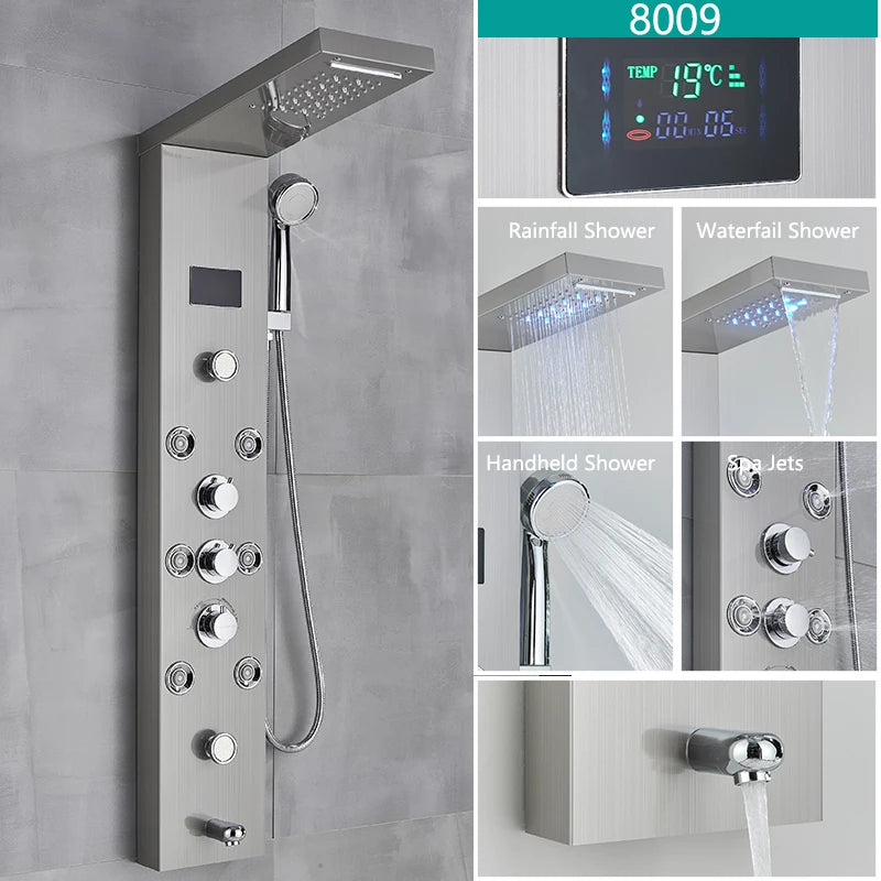 LED Light Bathroom Shower Faucet Set - Rainfall Shower Panel System with Temperature Display, Water Mixer Tap, and SPA Massage Feature