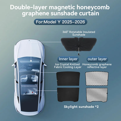 Tesla Model 3/Y Sunshade - Graphene Honeycomb Roof, Front & Rear Sunroof Glass Cover 2025-2026